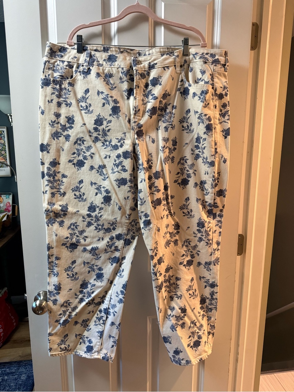 Old Navy Cream Jeans with Blue Floral Print
